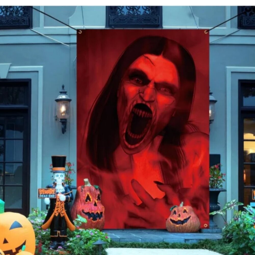 HALLOWEEN HELL DEAD RISING SCREAMER BANNER OUT/INSIDE USE NW9.8x6.5 FT BACK DROP